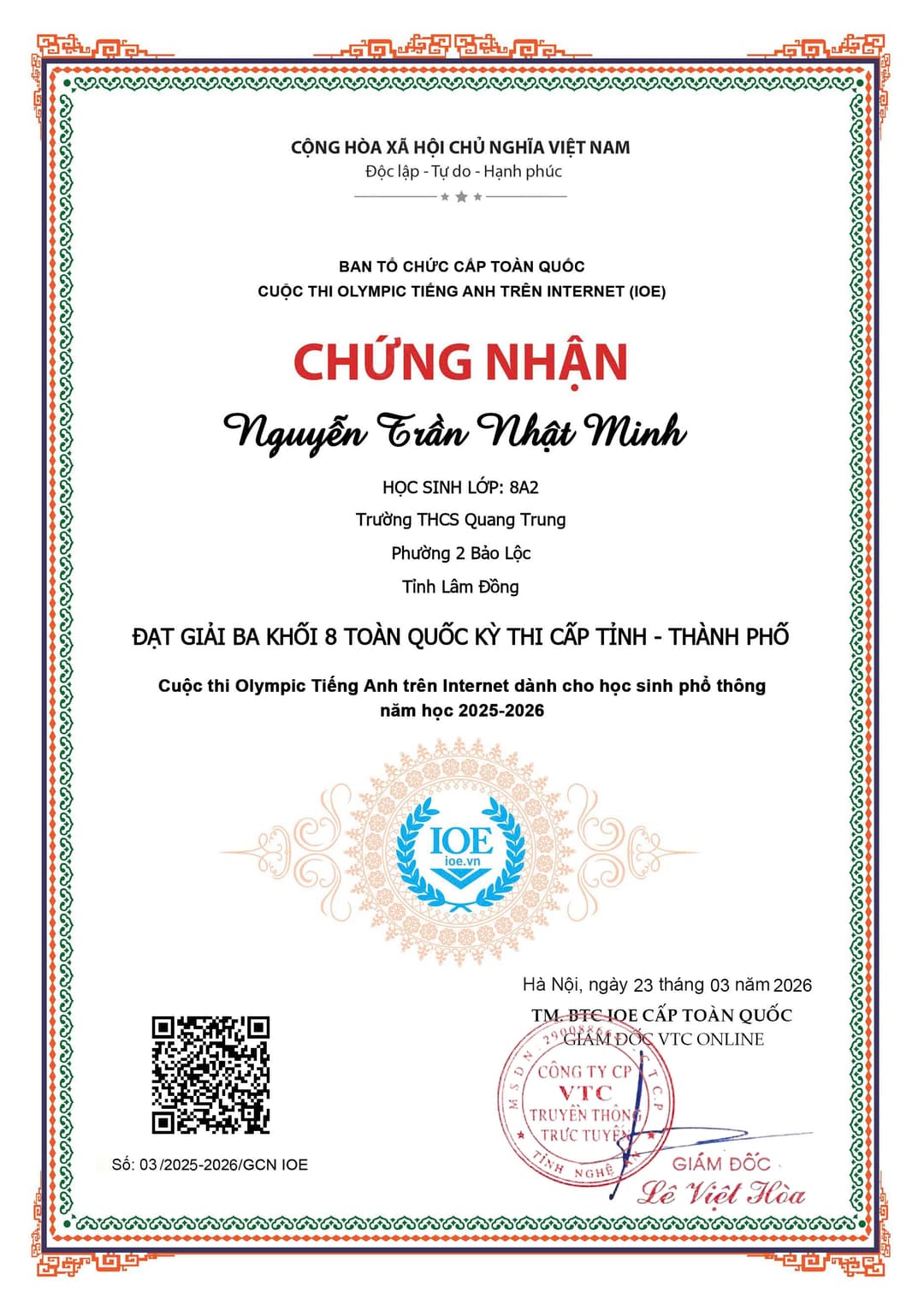 3rd Prize - National English olympiad (Grade 8, Provincial Level)
