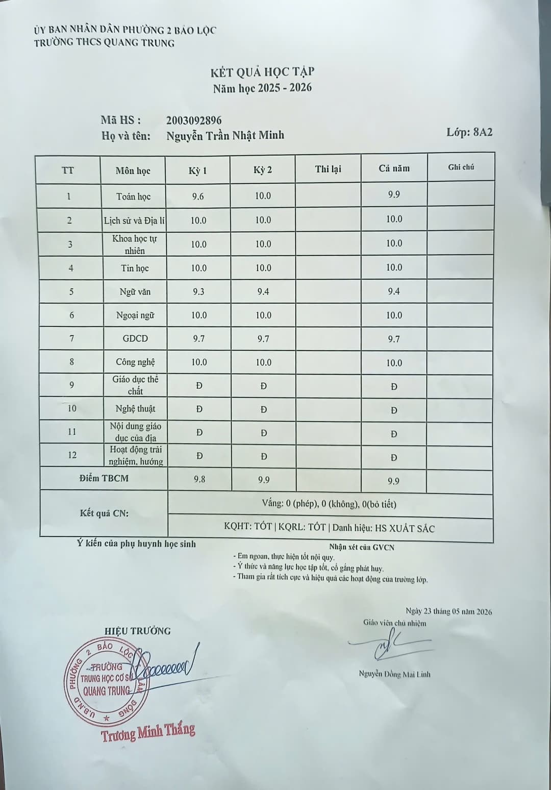 Grade 8 Academic Transcript